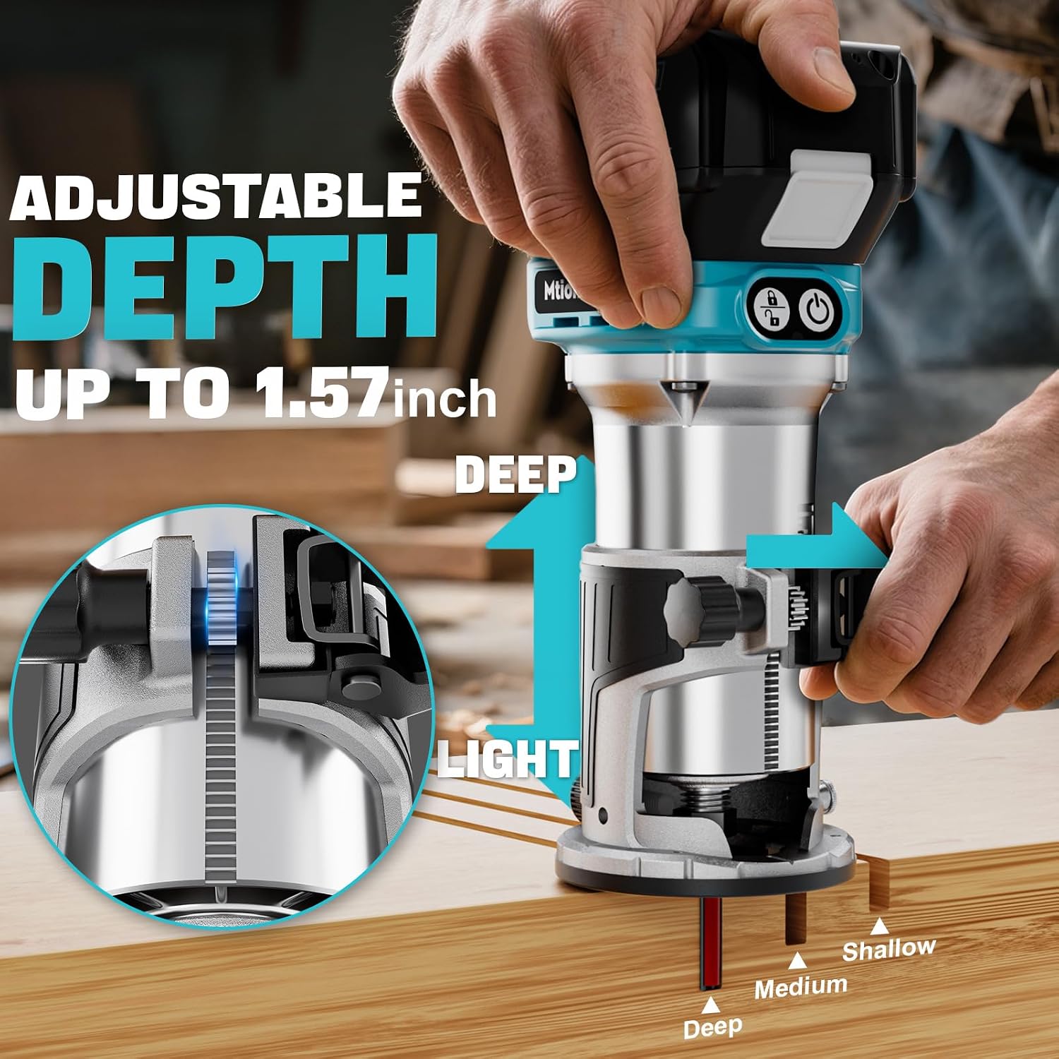 MtiolHig Cordless Compact Router Compatible with Makita 18V Battery, With 1 x 5.0Ah Rechargeable Battery, 6 Pcs Router Bits for Woodworking, 6 Variable Speeds Router With Trim Bits
