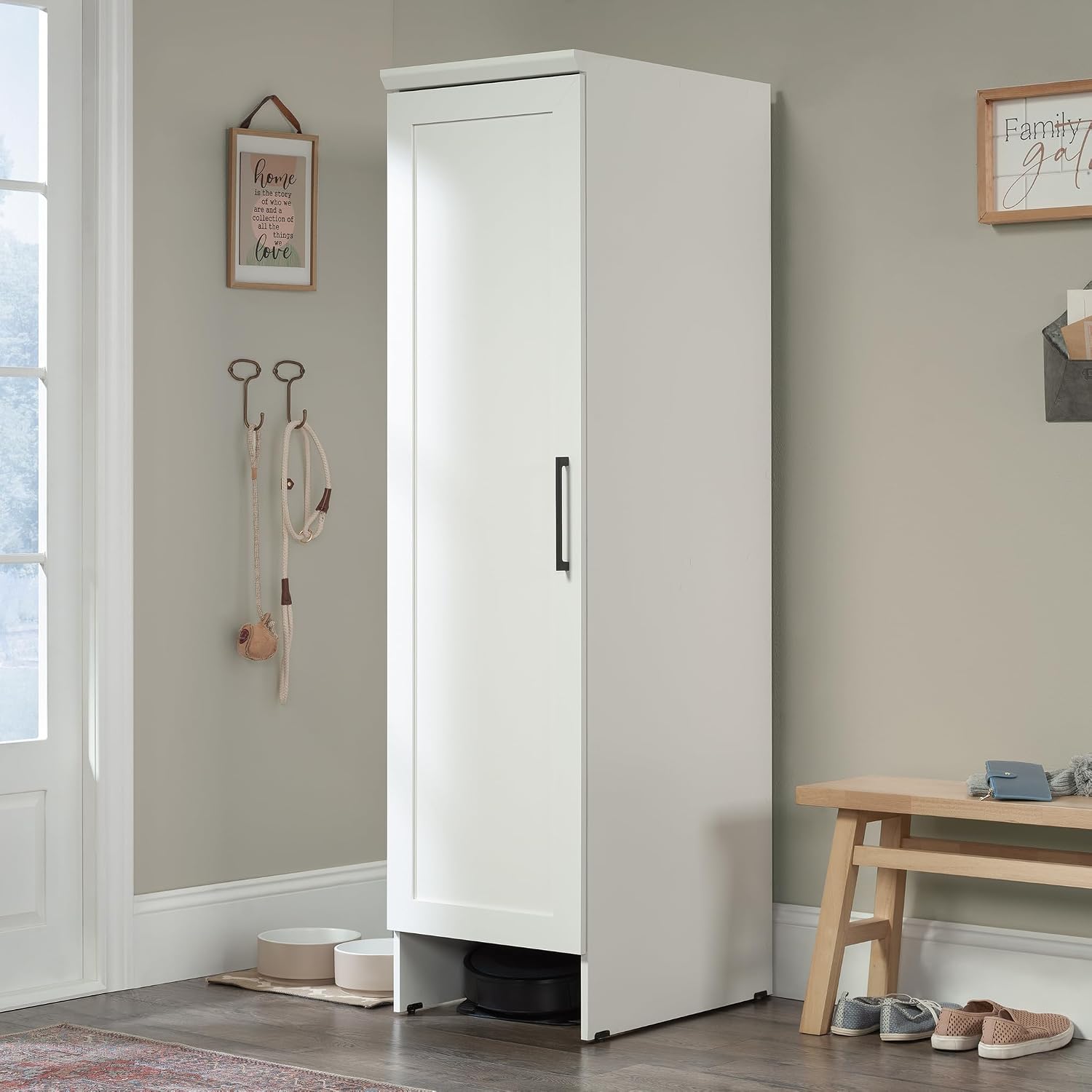 Sauder Homeplus Robot Vacuum Kitchen Pantry Storage Cabinet, Single Door with Adjustable Shelves, in Soft White