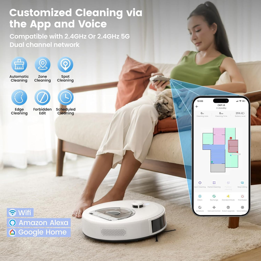 OKP Lidar Robot Vacuum and Mop Combo, 6000Pa Automatic Robotic Vacuum, Smart Mapping, 3.7 inch Thin, 150 Min Max, 5G WiFi/App/Alexa Control, Ideal for Pet Hair, Hardfloors, Carpets, Home(L6 Aqua)