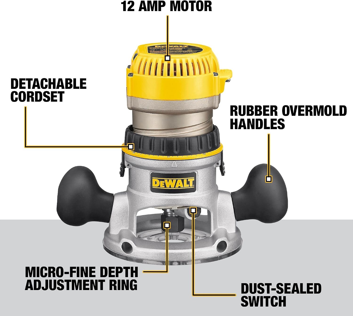 DEWALT Router, Fixed and Plunge Base Kit, Soft Start, 12-Amp, 24,000 RPM, Variable Speed Trigger, Corded (DW618PKB)