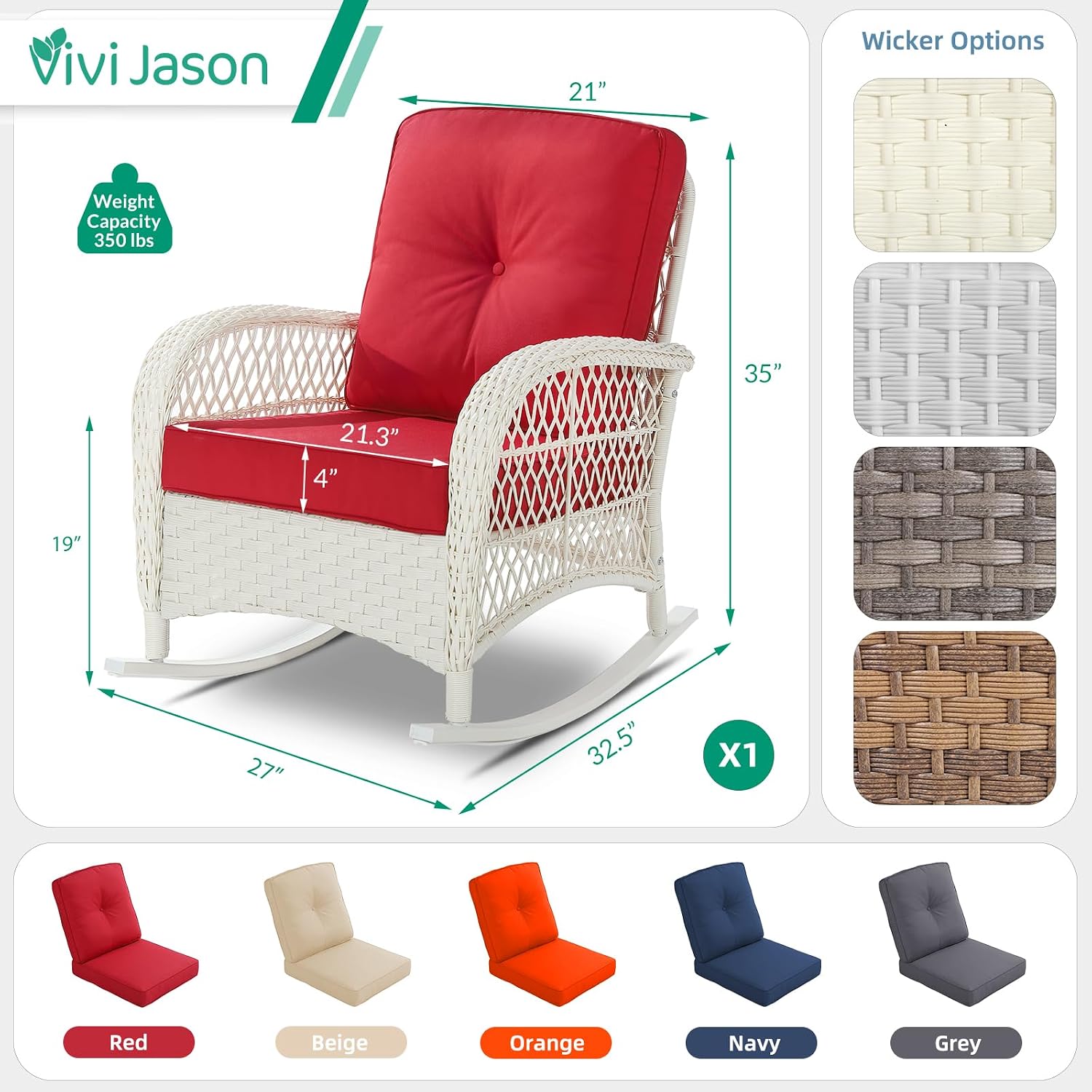 VIVIJASON Outdoor Wicker Rocking Chair, Patio Rattan Rocker Chair with Cushions & Steel Frame, All-Weather Rocking Lawn Furniture for Garden Backyard Porch, Cream White/Red