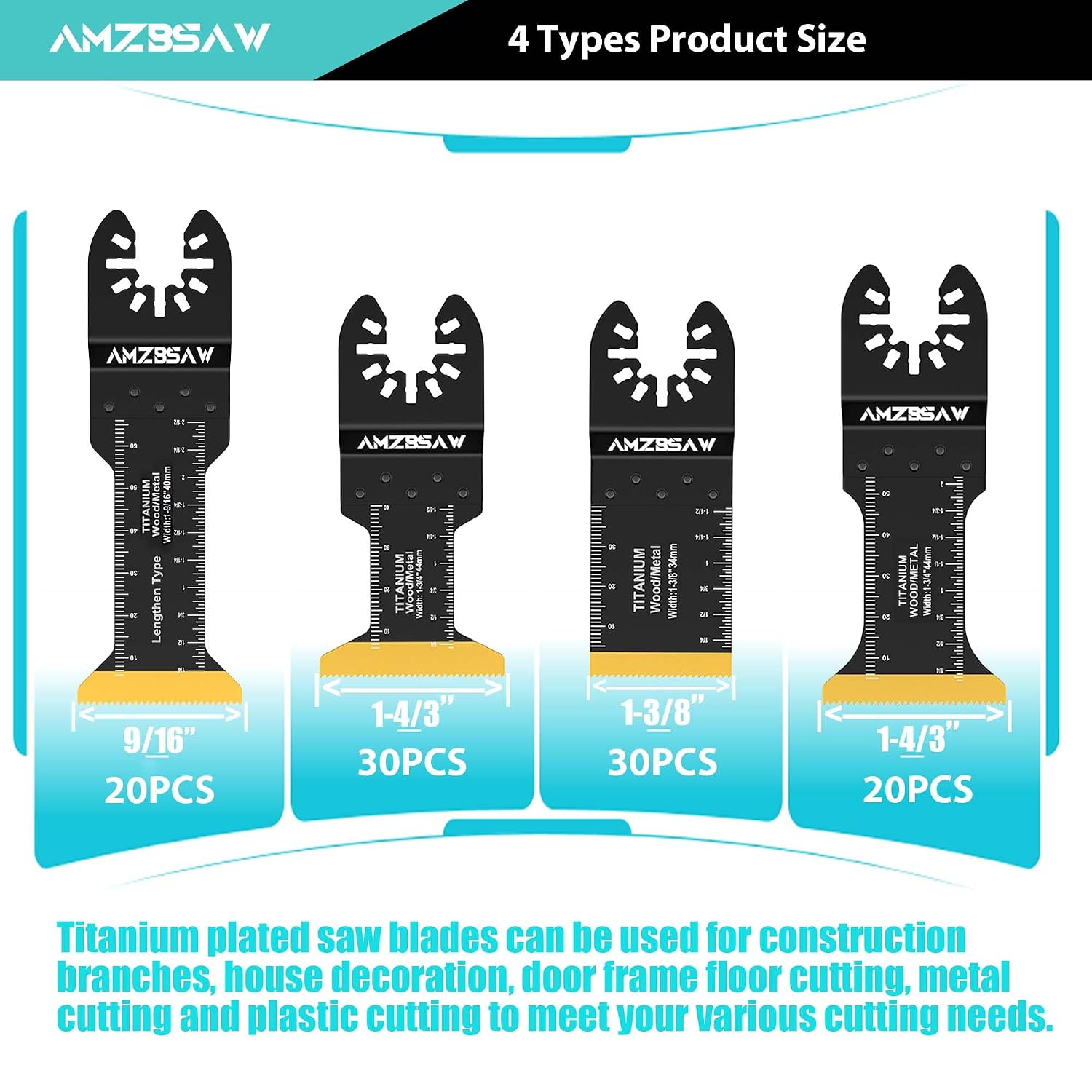AMZBSAW 100PCS Titanium Oscillating Multitool Blades Metal Cutting, Multi Tool Blades Kits for Metal Nails Wood Plastic and Hard Material, Saw Blades Fit Milwaukee Ryobi Dewalt Bosch, 4 Types