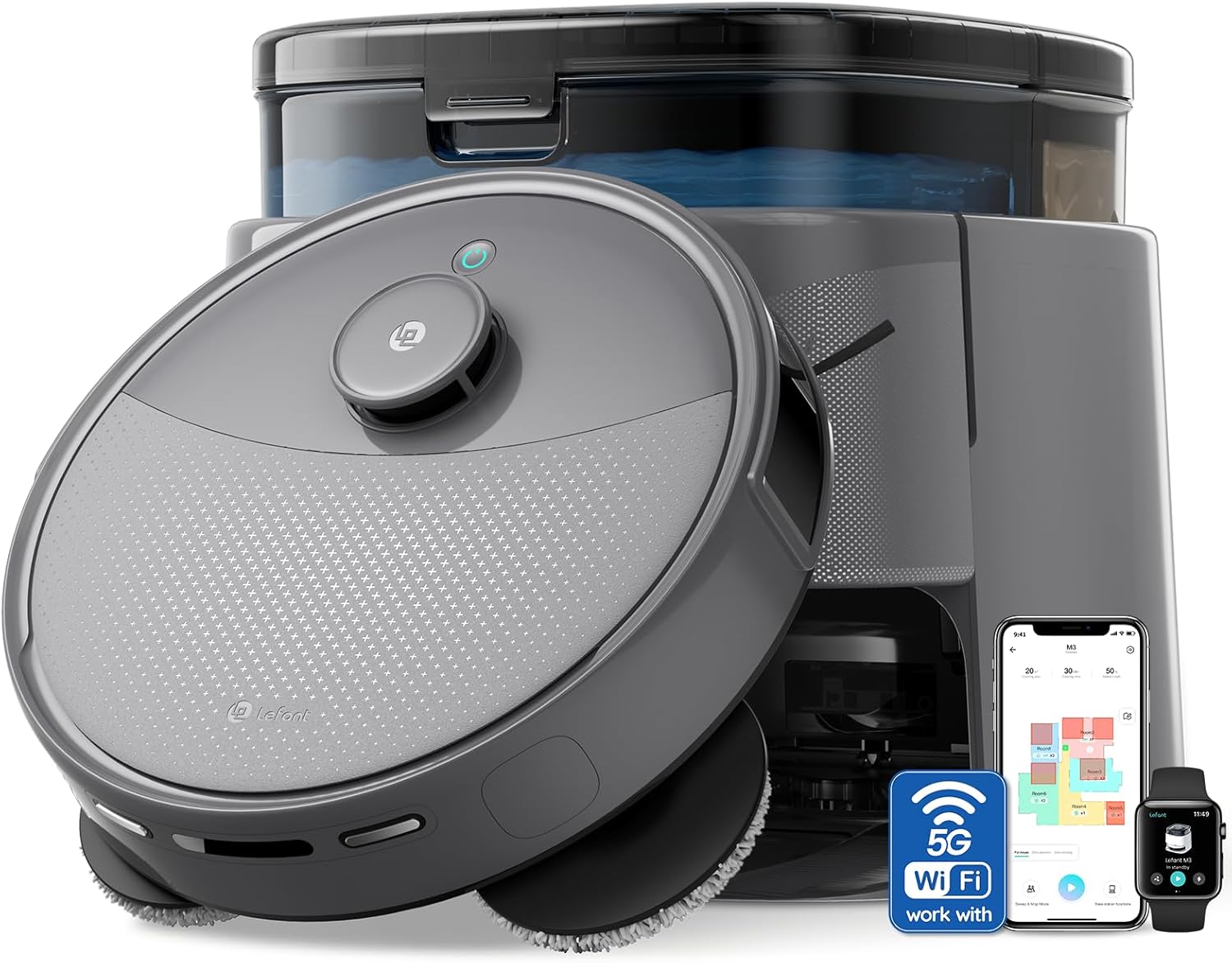 Lefant LiDAR Robot Vacuum and Mop, 20000Pa Suction, 90-Day Self-Emptying, Obstacle Avoidance, Auto Mop Washing&Drying, All-in-One for Pet Hair Carpet, 5G WiFi Alexa/APP/iWatch Control, M3 Max