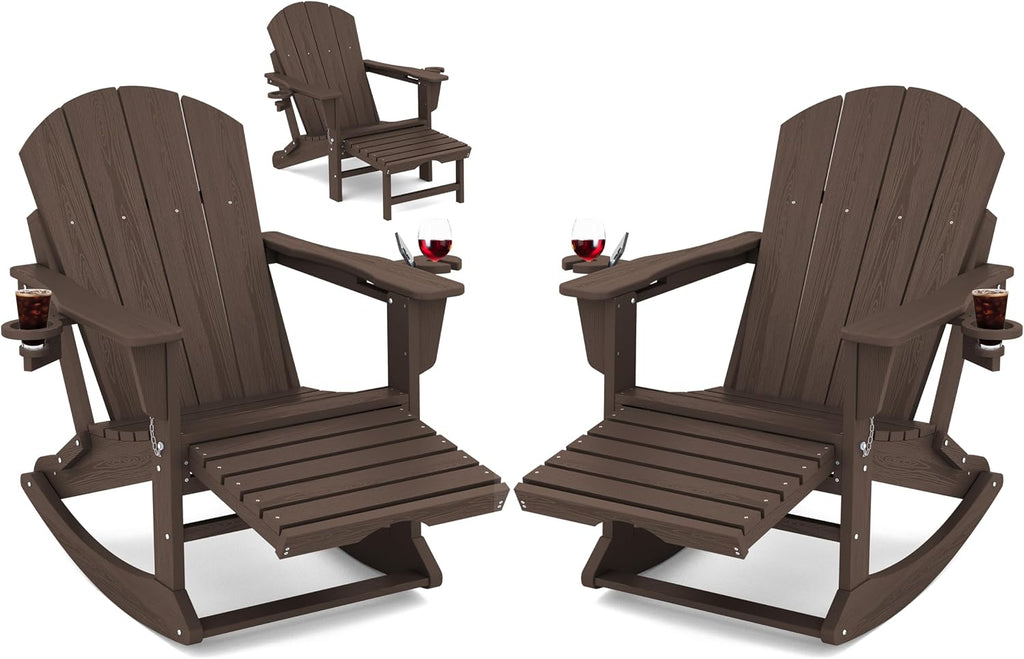 KINGYES Adirondack Rocking Chair Set of 2 with Retractable Ottoman and Cup Holders, HDPE Adirondack Rocker Patio Rocking Chair for Porch, Patio, Balcony, Coffee Brown