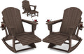 KINGYES Adirondack Rocking Chair Set of 2 with Retractable Ottoman and Cup Holders, HDPE Adirondack Rocker Patio Rocking Chair for Porch, Patio, Balcony, Coffee Brown