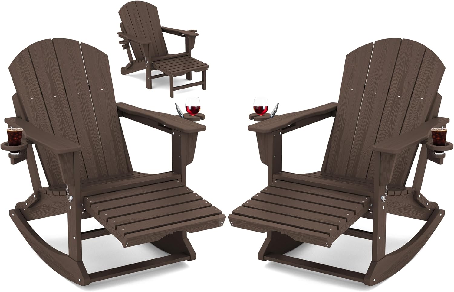 KINGYES Adirondack Rocking Chair Set of 2 with Retractable Ottoman and Cup Holders, HDPE Adirondack Rocker Patio Rocking Chair for Porch, Patio, Balcony, Coffee Brown