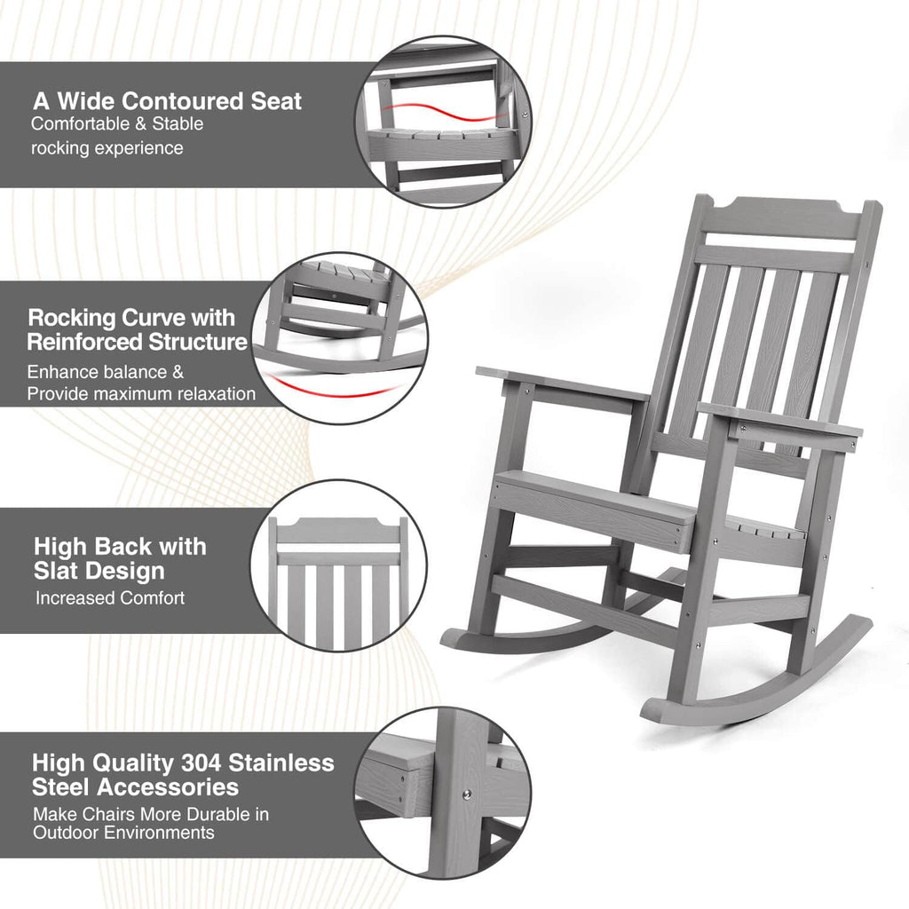 Rocking Chairs Set of 2, All Weather Resistant Poly Lumber Outdoor Porch Rocker, Rocking Chairs for Outdoor, Indoor, Patio, Deck, Garden, Backyard, Load Bearing 380 lbs - Grey