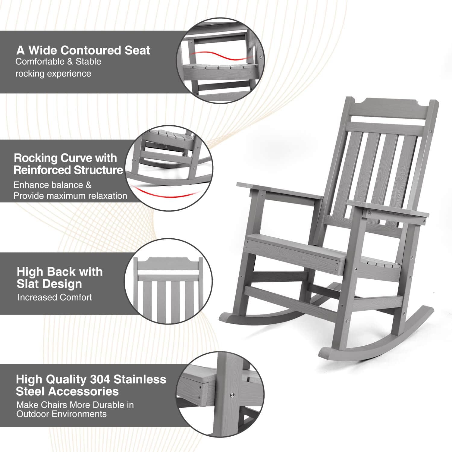 Rocking Chairs Set of 2, All Weather Resistant Poly Lumber Outdoor Porch Rocker, Rocking Chairs for Outdoor, Indoor, Patio, Deck, Garden, Backyard, Load Bearing 380 lbs - Grey