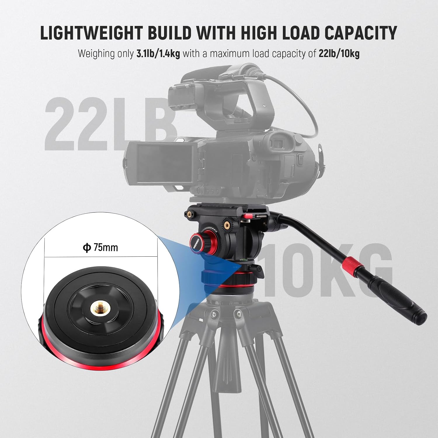 NEEWER Heavy Duty Video Tripod Fluid Head with Stepless Adjustable Pan/Tilt Damping, Quick Release Plate, Compatible with DJI RS Gimbals, Adjustable Handle, ⌀75mm Base, Max Load 22lb, GM006