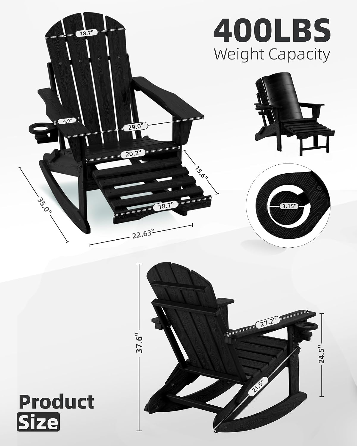 Folding Adirondack Rocking Chair,4-in-1 Multifunctional Patio Chair with Retractable Ottoman, Outdoor Chair Wood Texture, Lawn Chair for Porch, Backyard, Pool(Black)