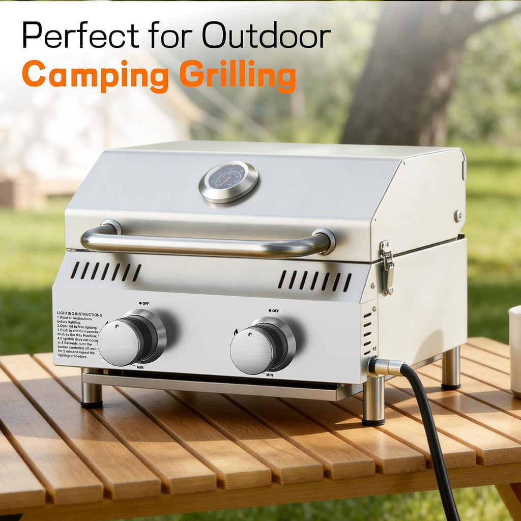 Veralune 2 Burner Tabletop Gas Grill, 22,000 BTUs Stainless Steel Portable Propane Grill with Legs, Built-in Thermometer, Travel Locks for Tailgating, Outdoor, Camping, RV Trips