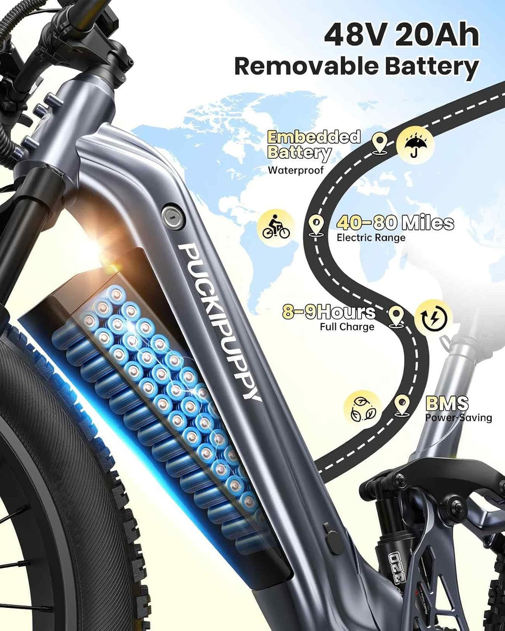 PUCKIPUPPY Battery+Electric Bike for Adults 960W(Peak), 48V 20AH Battery Adult Electric Bicycles, 26' Fat Tire Full Suspension Step-Thru Ebike, 28MPH Mountain Ebike, 7 Speed, 80Miles Range