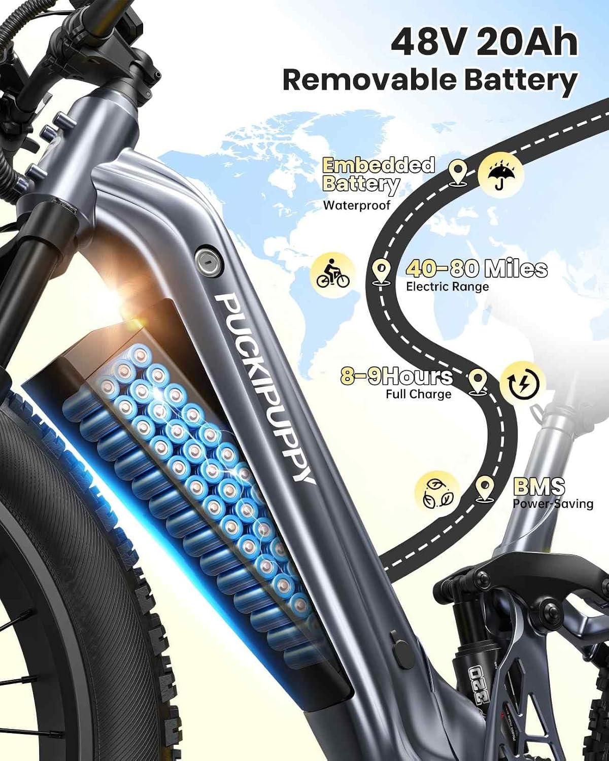 PUCKIPUPPY Battery+Electric Bike for Adults 960W(Peak), 48V 20AH Battery Adult Electric Bicycles, 26' Fat Tire Full Suspension Step-Thru Ebike, 28MPH Mountain Ebike, 7 Speed, 80Miles Range