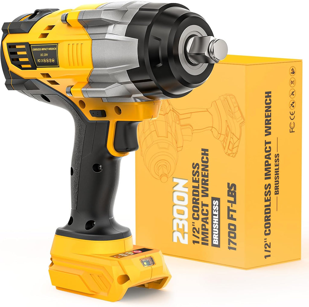 NATBEESY Cordless Impact Wrench Compatible with DeWalt 20V Battery: 1/2 Inch Hog Ring Impact Driver - High Torque - 2300N.m/1700Ft-lbs Cordless Impact Gun - Brushless Motor with LED Light - Tool Only
