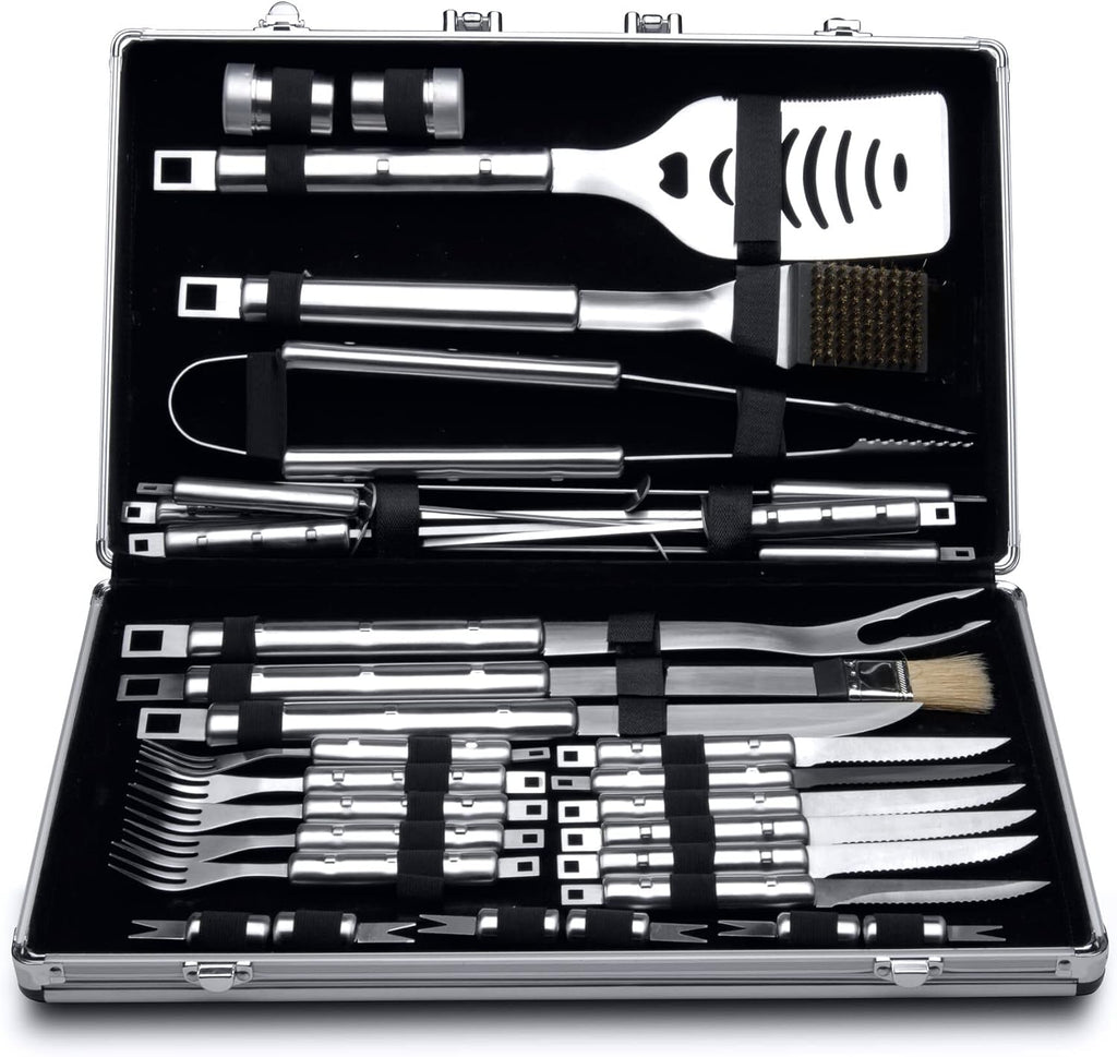 BergHOFF Essentials Stainless Steel 33pcs BBQ Carrying Case Silver Cubo Grill Tools Indoor Outdoor Use Dishwasher Safe