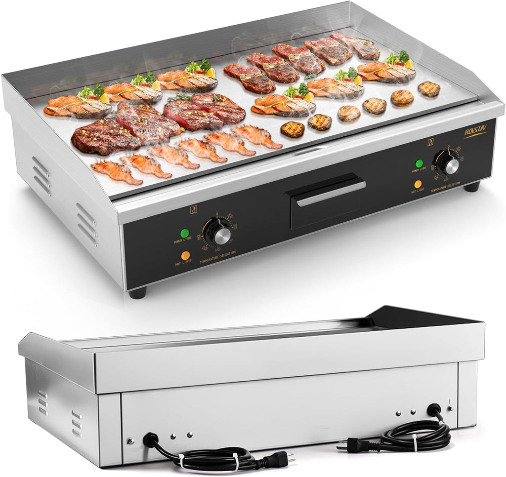 ROVSUN 30' Electric Countertop Flat Top Griddle, 3000W Electric Griddle, Teppanyaki Grill Stainless Steel with Adjustable Temperature Control 122°F-572°F for Commercial Home Restaurant, Plug