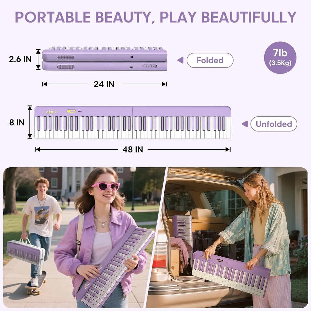 AiJoy Piano Keyboard 88 Keys with Magnetic Connection | for Beginners, Girls Gifts | Portable Foldable Electric Piano Keyboard, Lightweight Purple Keys, Sustain Pedal, Piano Bag(ASP-10M)