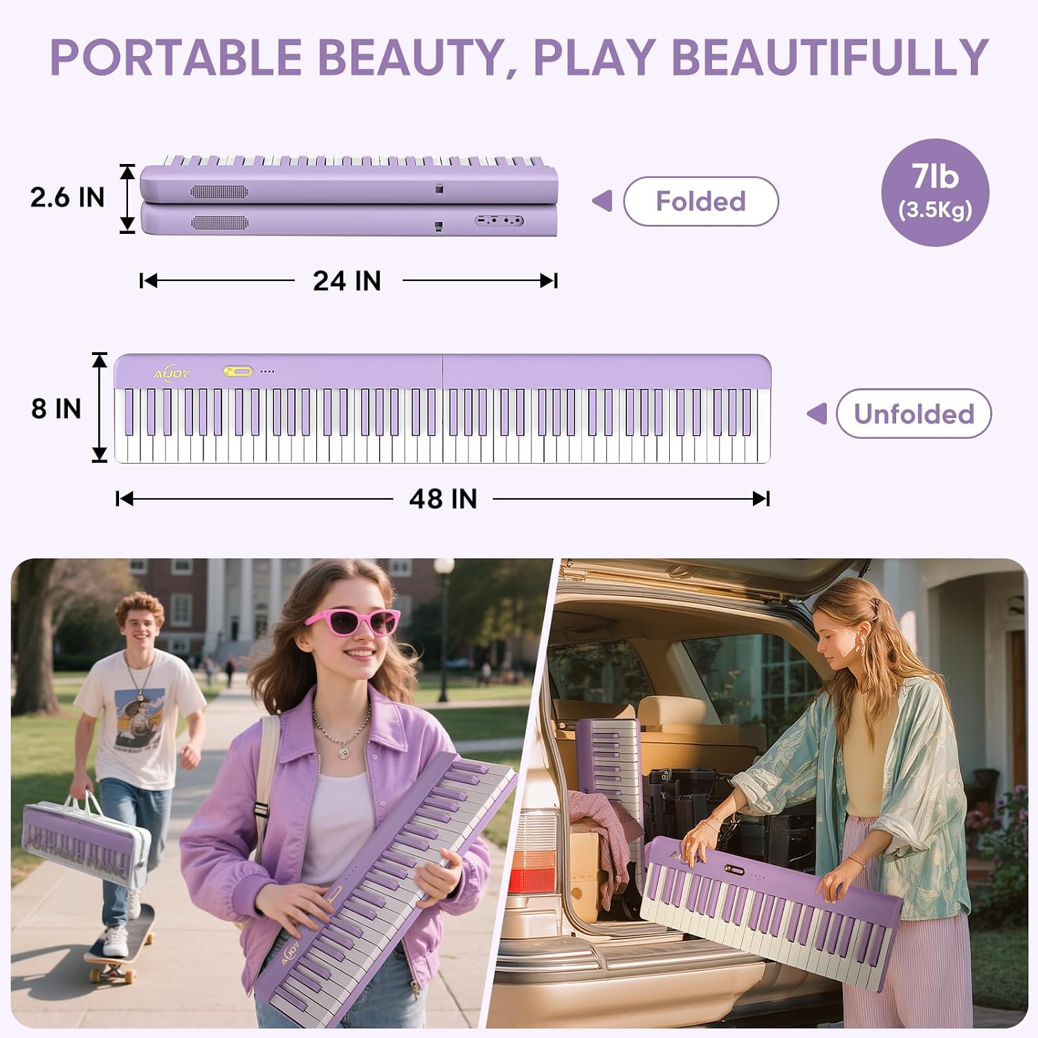 AiJoy Piano Keyboard 88 Keys with Magnetic Connection | for Beginners, Girls Gifts | Portable Foldable Electric Piano Keyboard, Lightweight Purple Keys, Sustain Pedal, Piano Bag(ASP-10M)
