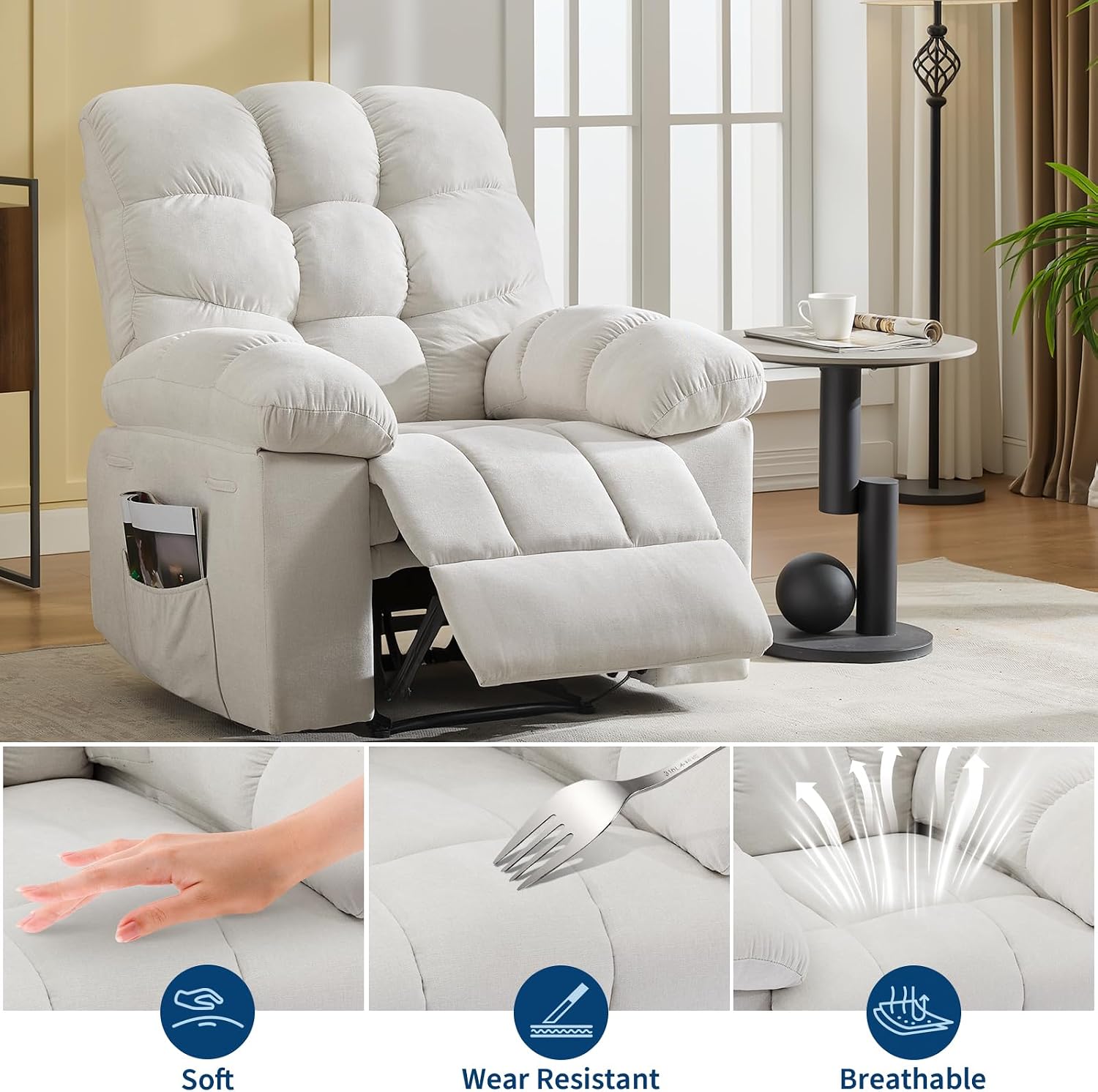 Garvee 21.4in Wide Recliner Chair,Massage & Heat Recliner Chair for Adults,Home Theater Seating with Lumbar Support,Ergonomic Breathable Fabric Nursery Rocking Chairs for Living Room