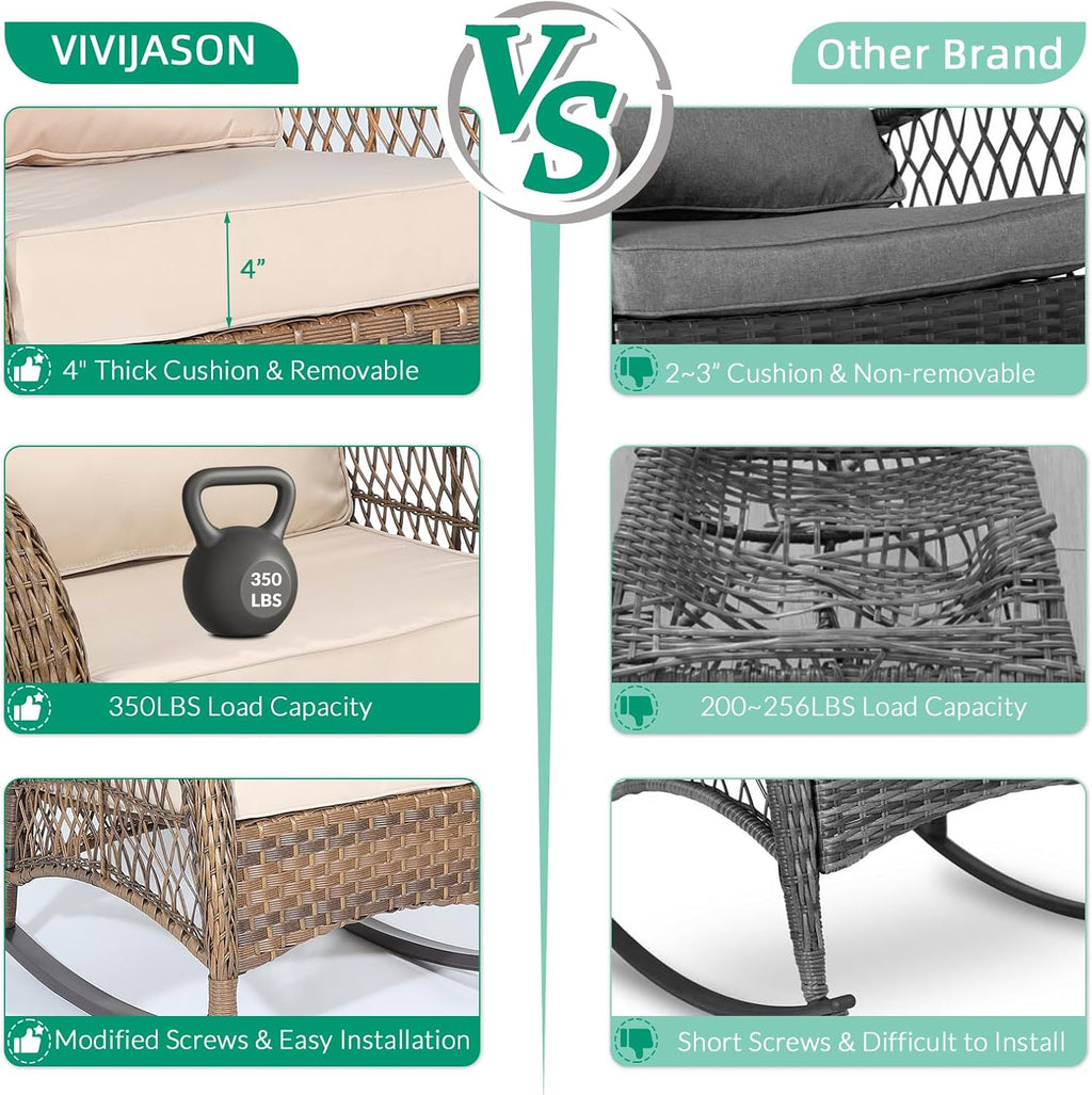 VIVIJASON 3-Piece Outdoor Conversation Bistro Set, Patio Wicker Rocking Chairs Rattan Furniture Sets w/ 2 Rattan Chairs, Cushions, Glass Top Side Table for Garden Porch Backyard