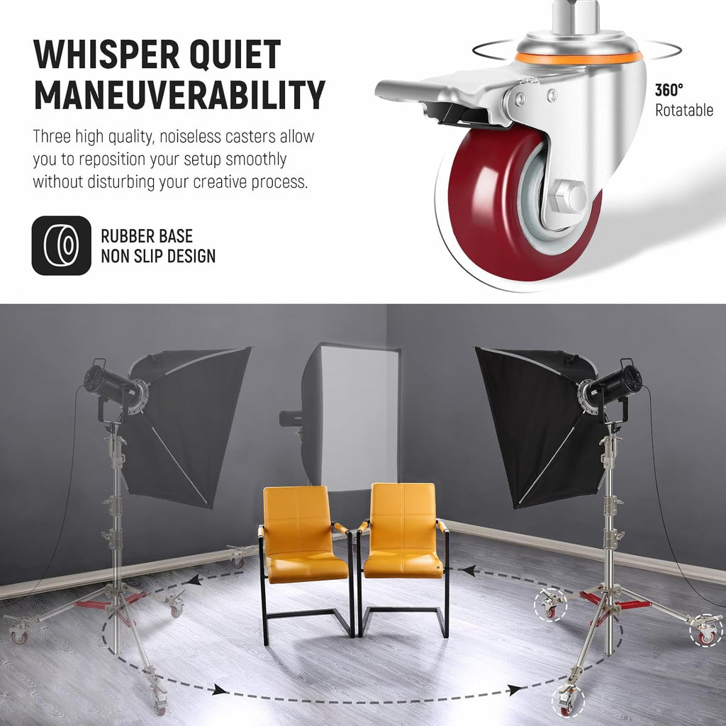 NEEWER Heavy Duty Stainless Steel Light Stand with Casters, 1-1/8' Junior Receiver, Spring Loaded 5/8' Baby Stud, Max Load 77lb, 7.9ft/240cm Junior Wheeled Stand for Studio Softbox Reflector, ST240SS