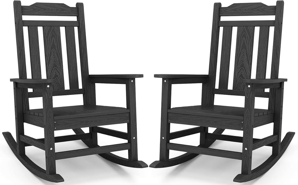 SERWALL Black Outdoor Rocking Chair Set of 2, All Weather Patio Rocking Chair, HDPE Poly Rocking Chair for Adults, Heavy Duty Front Porch Rocker