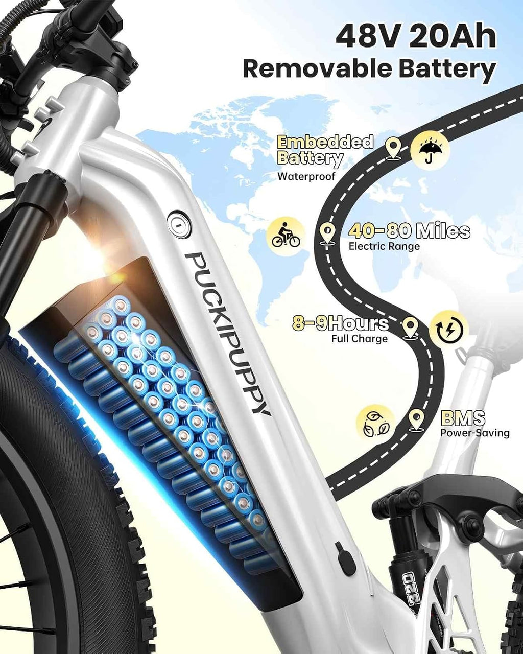 PUCKIPUPPY Battery+Electric Bike for Adults 960W(Peak), 48V 20AH Battery Adult Electric Bicycles, 26' Fat Tire Full Suspension Step-Thru Ebike, 28MPH Mountain Ebike, 7 Speed, 80Miles Range