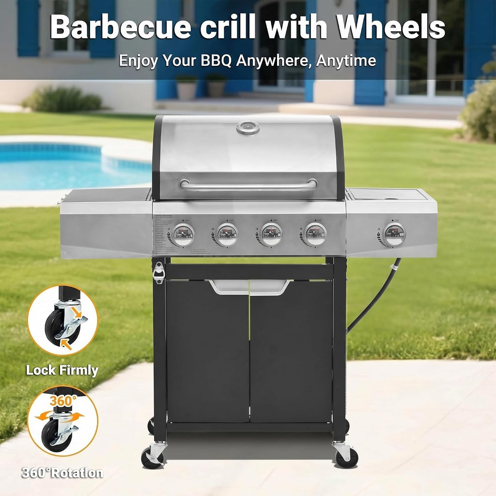 Endark 51000BTU|4-burner propane gas grill | Stainless steel construction | Dual side racks and wheels | Designed for patio, garden, and backyard cooking