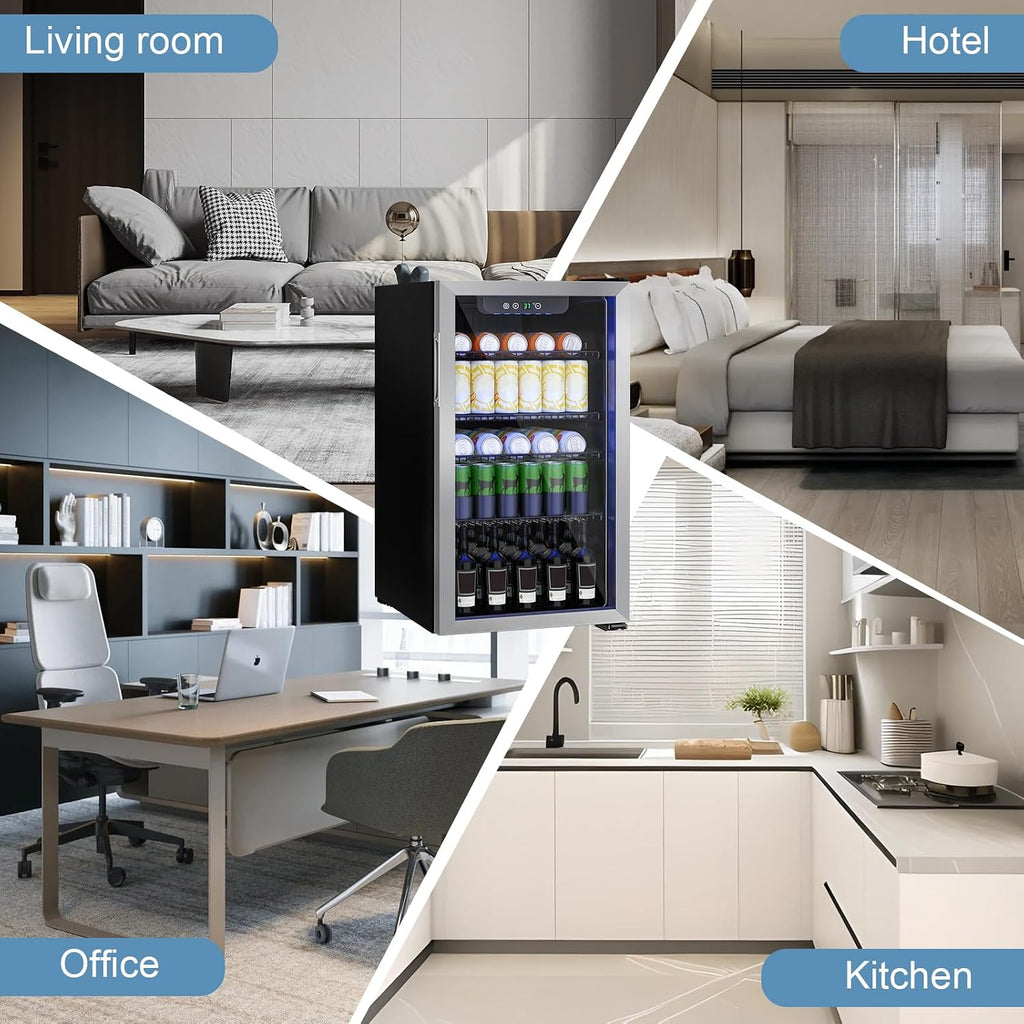 Stopasd Compact Beverage Refrigerator, 3.2 Cu.Ft/126 Can Drink Fridge with Adjustable Shelves & Glass Door for Soda Wine Beer, Quiet Undercounter Small Fridge for Home/Office/Bar/Garage,Sliver