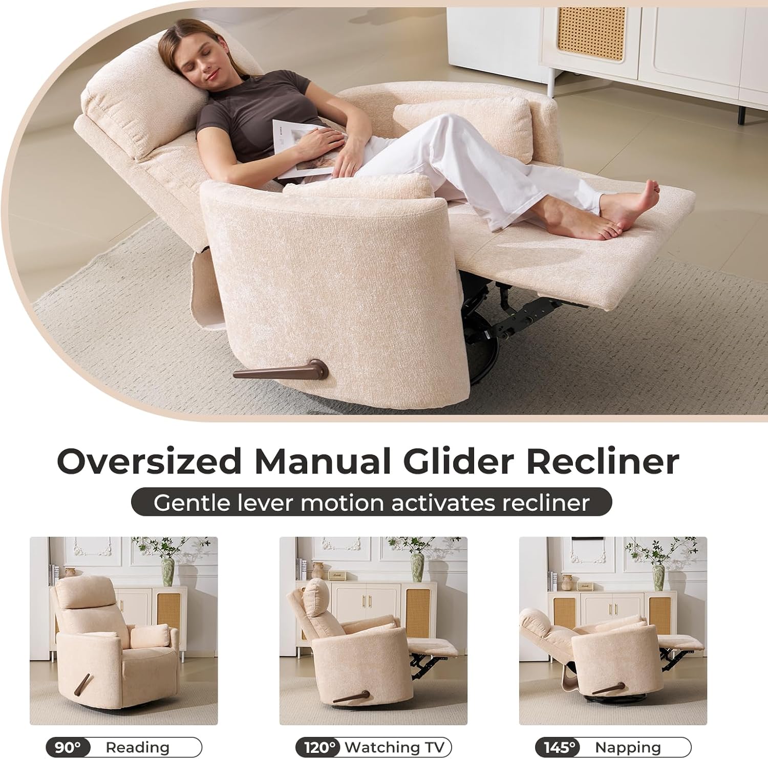 Oversized Swivel Rocker Recliner with Massage and Heat, Swivel Nursery Recliner With Adjustable Headrest, Manual Rocker Recliner Chair with Two Removable Pillows, High Back Barrel Armchair, Beige