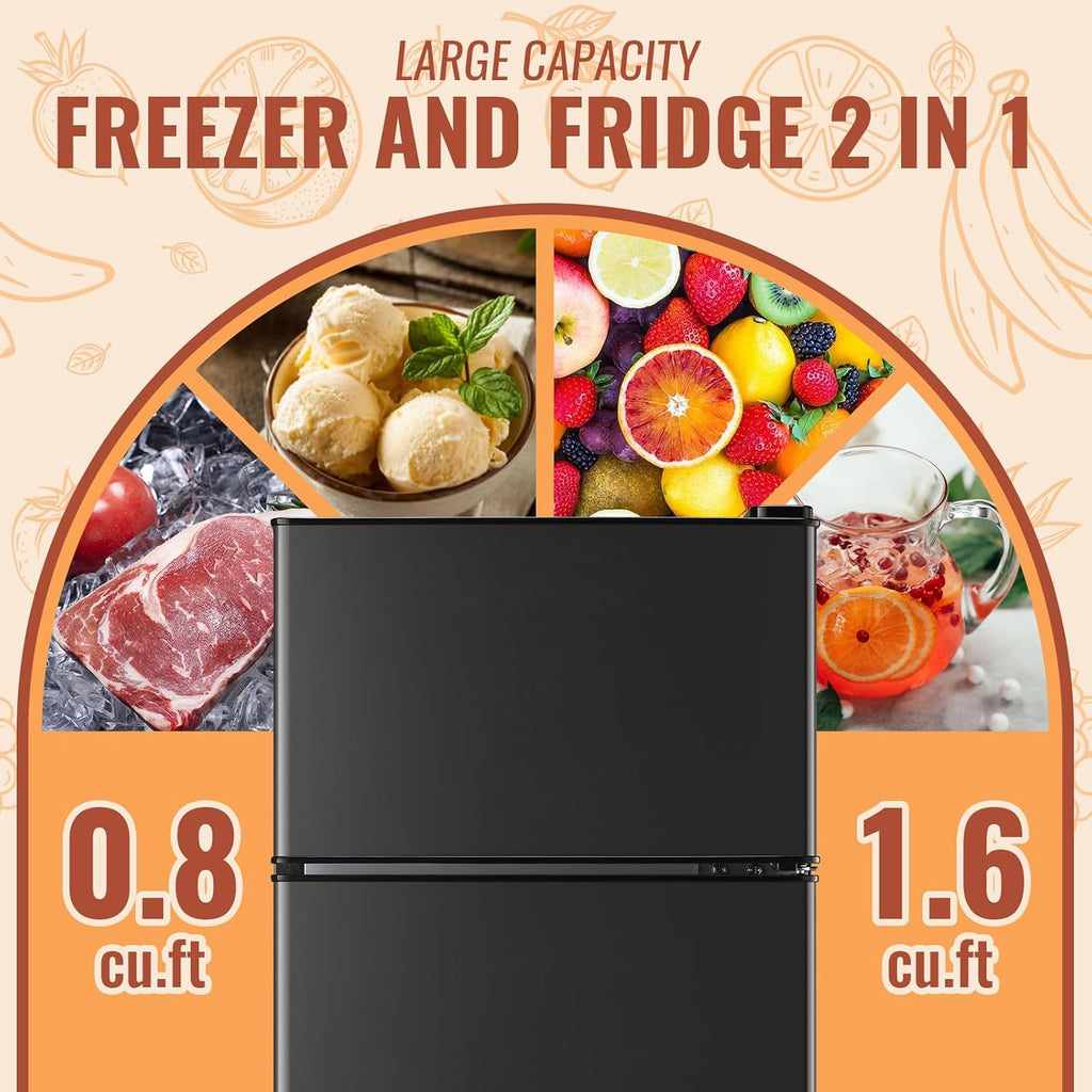 DEMULLER Mini Fridge with Double Doors Small Refrigerator with Separate Freezer & 7 Adjustable Temperature Control, Tiny Size & Personal Fridge Ideal for Office Apartment Dorm Dark Grey
