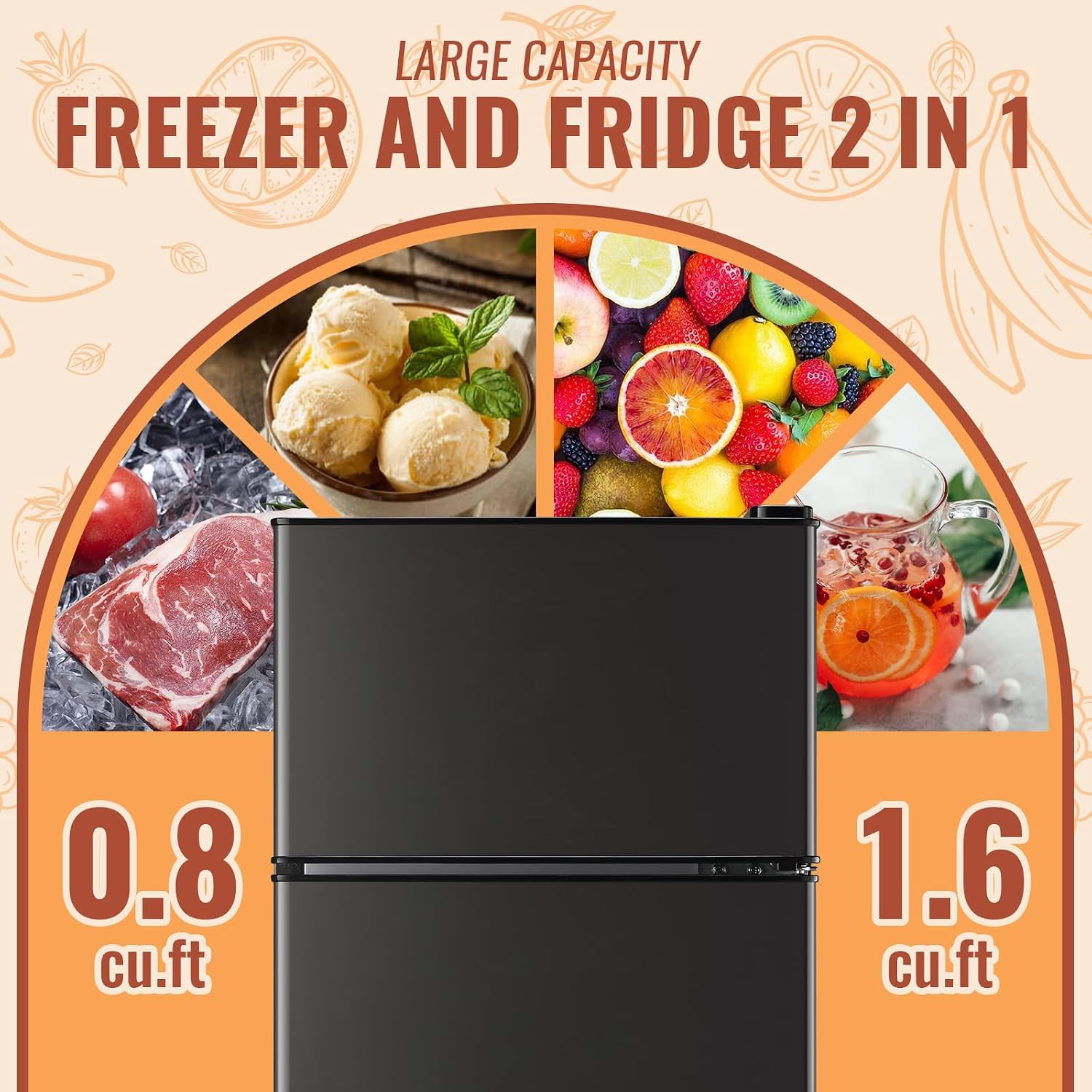 DEMULLER Mini Fridge with Double Doors Small Refrigerator with Separate Freezer & 7 Adjustable Temperature Control, Tiny Size & Personal Fridge Ideal for Office Apartment Dorm Dark Grey