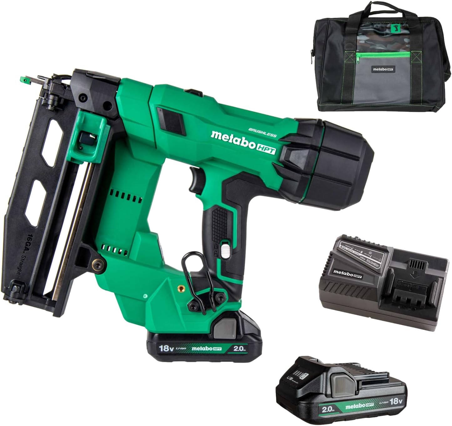 Metabo HPT 18V MultiVolt Brushless Pro 16-GA Straight Finish Nailer Kit, 16 Gauge Finish Nailer, Power Tool with 2.0Ah Lithium Ion Battery, 1' to 2-1/2' Nails, Powerful Brushless Motor, NT1865DSA