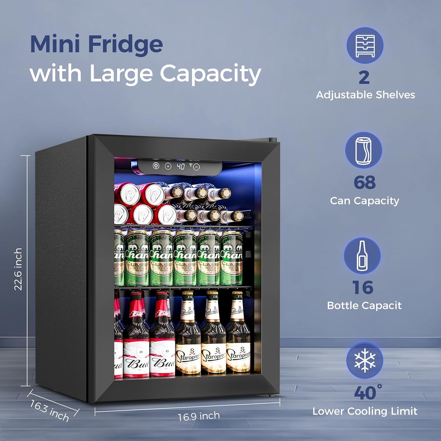 Feelfunn Beverage Refrigerator Cooler - 16 Bottle 68 Can Mini Fridge with Glass Door, Soda Wine Beer Drink Fridge - Small Refrigerator for Office Home Bedroom Dorm Bar, 1.7 Cu.Ft, Black