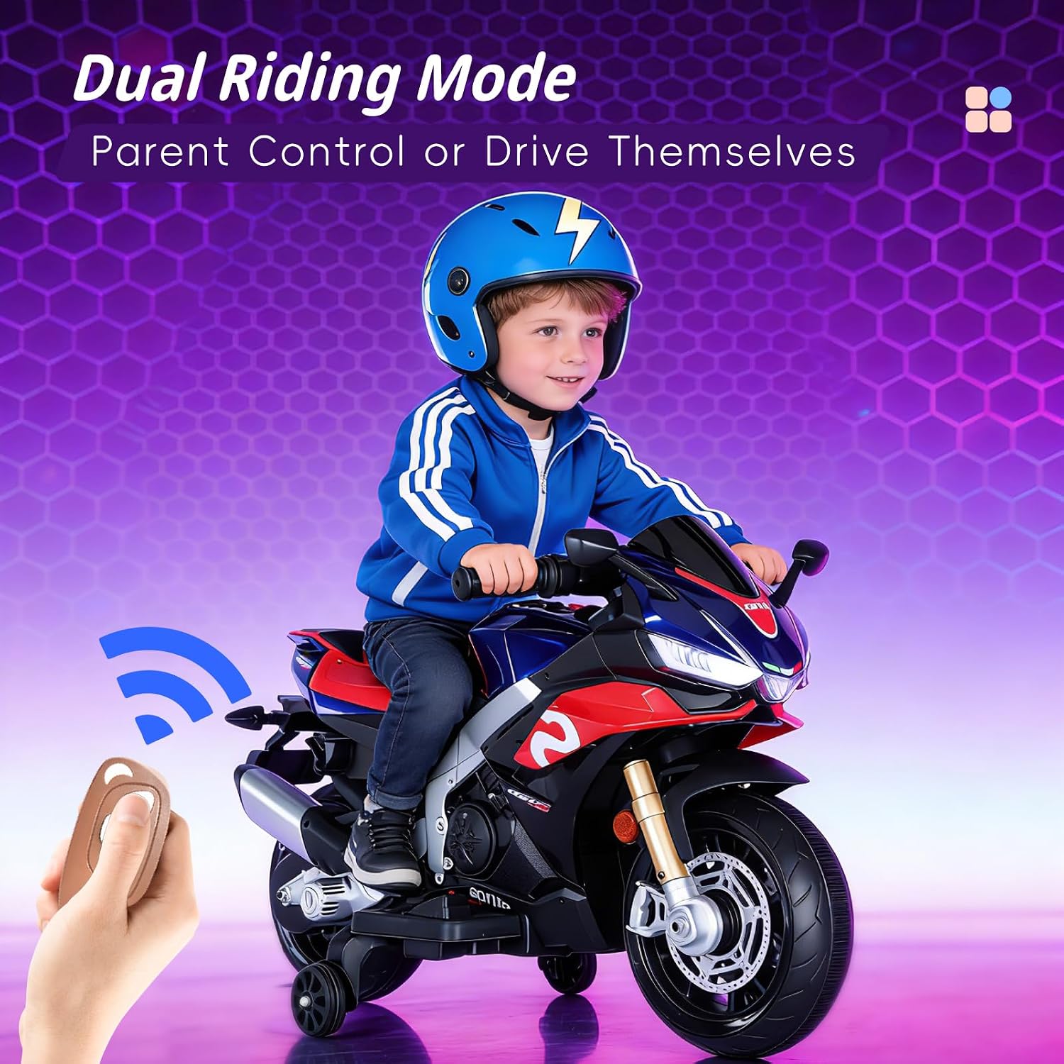 HEIMILI 12V Kids Motorcycle, Aprilia RSV4 Licensed Electric Ride on for 3 Years, 40' Small Motorbike with Training Wheels, Bluetooth, Speed 3mph (Blue, 12V(40 * 23 * 17))