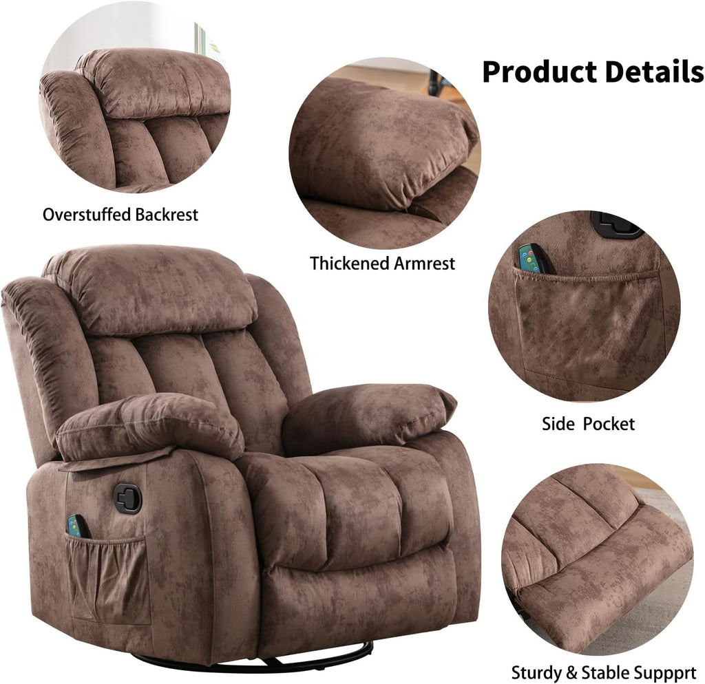 CANMOV Massage Rocker Recliner with Heat and Vibration, 360 Degree Swivel Manual Antiskid Fabric Single Sofa Heavy Duty Reclining Chair for Living Room, Dark Brown