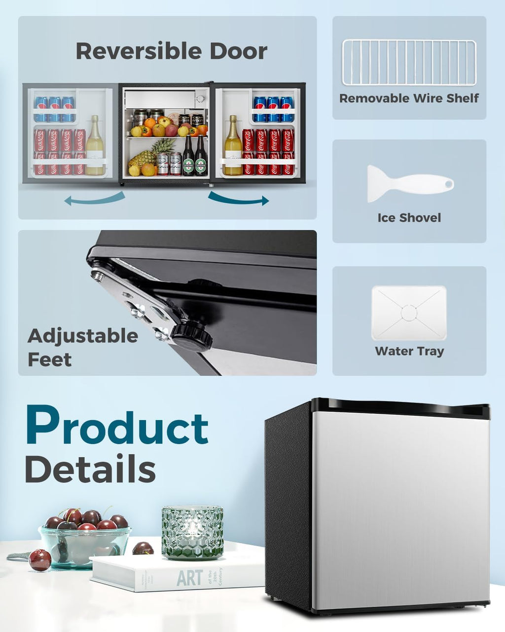 Feelfunn Mini Fridge with Freezer - 1.7 Cu.Ft Single Door Mini Refrigerator with Adjustable Thermostat, Low Noise, Energy Saving, Small Fridge for Bedroom, Apartment, Dorm, Classroom, Office - Silver