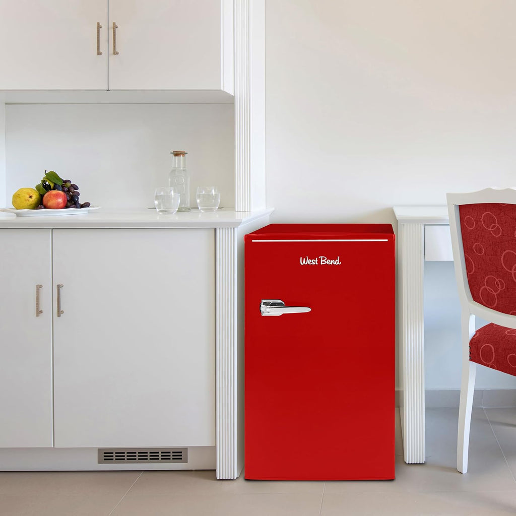 West Bend Mini Fridge for Bedroom, Office, Bar or College Dorm Room, Retro Compact Refrigerator features single door, removable glass shelves and adjustable temperature control, 3.0-Cu.Ft., Red