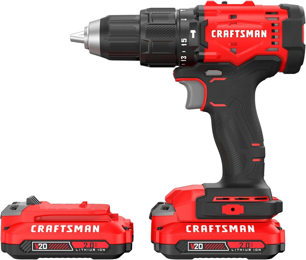 CRAFTSMAN 20V MAX 1/2 Cordless Hammer Drill, Includes 2 Batteries (2 Ah), Charger and Double Ended Bit, Longer Runtime Power Hammer Drill with LED Light (CMCD712D2)