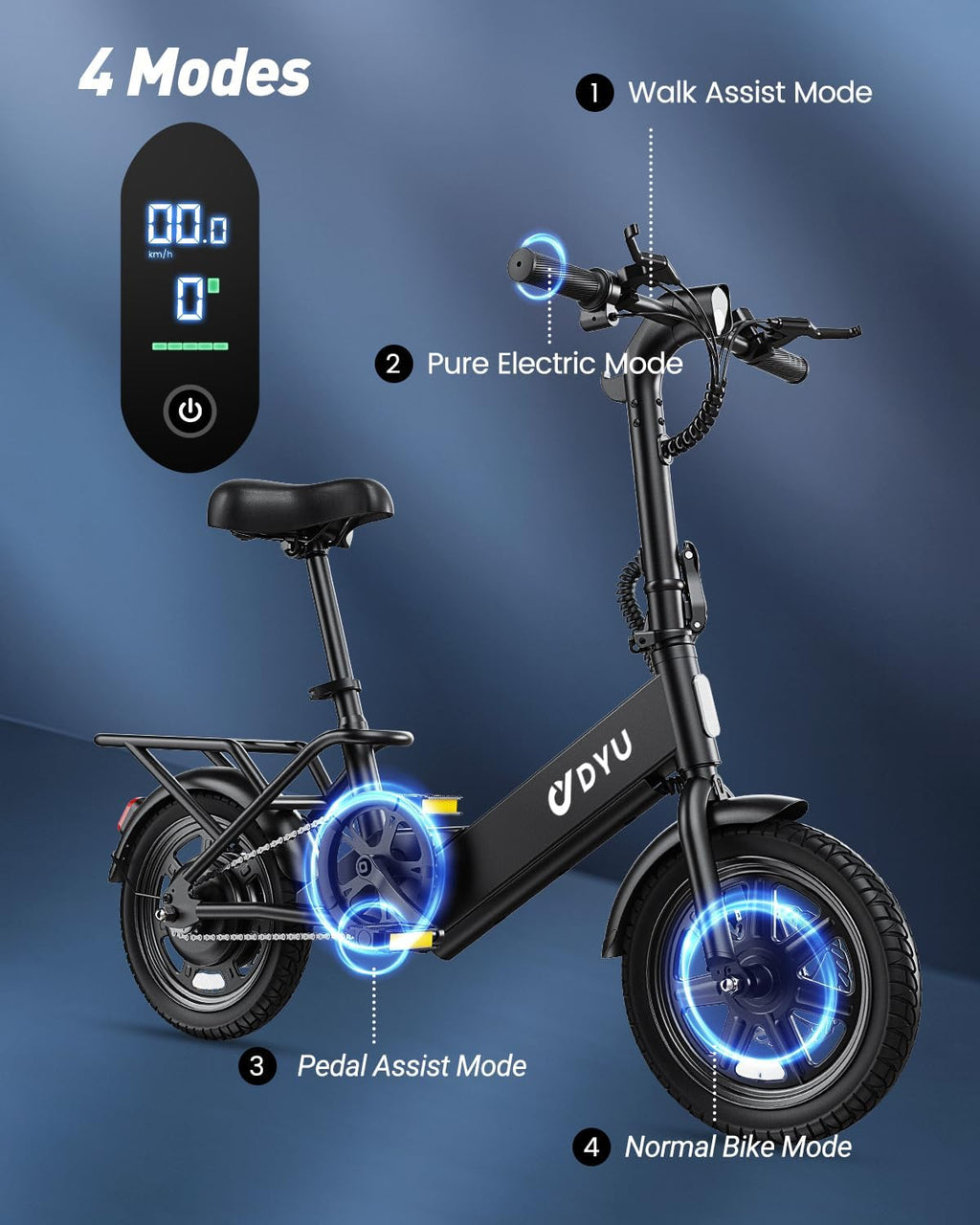 DYU Electric Bike for Adults Teens, Folding Electric Bicycle,Commuter City E-Bike with 350W Motor and 36V 7.8Ah Battery,3 Levels Assist, Dual Disc Brakes