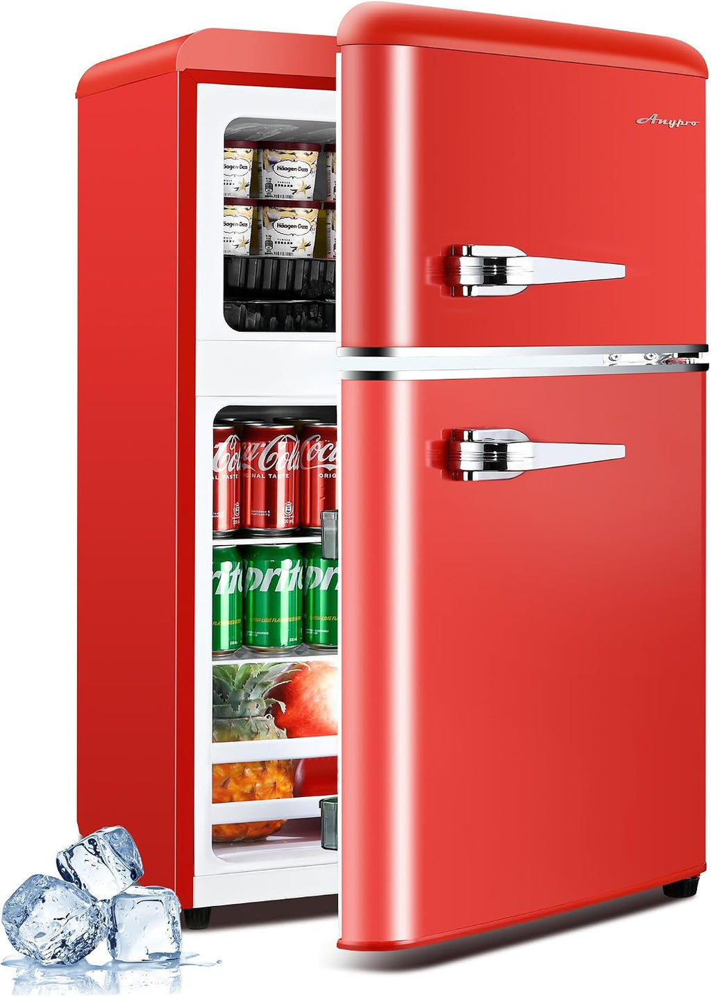 Anypro 3.2 Cu.Ft Refrigerator, Double Door Retro Fridge with Freezer, 7 Adjustable Temperature Settings, Low Noise, Removable Glass Shelves for Dorm, Office, Bedroom, Apartment, Red