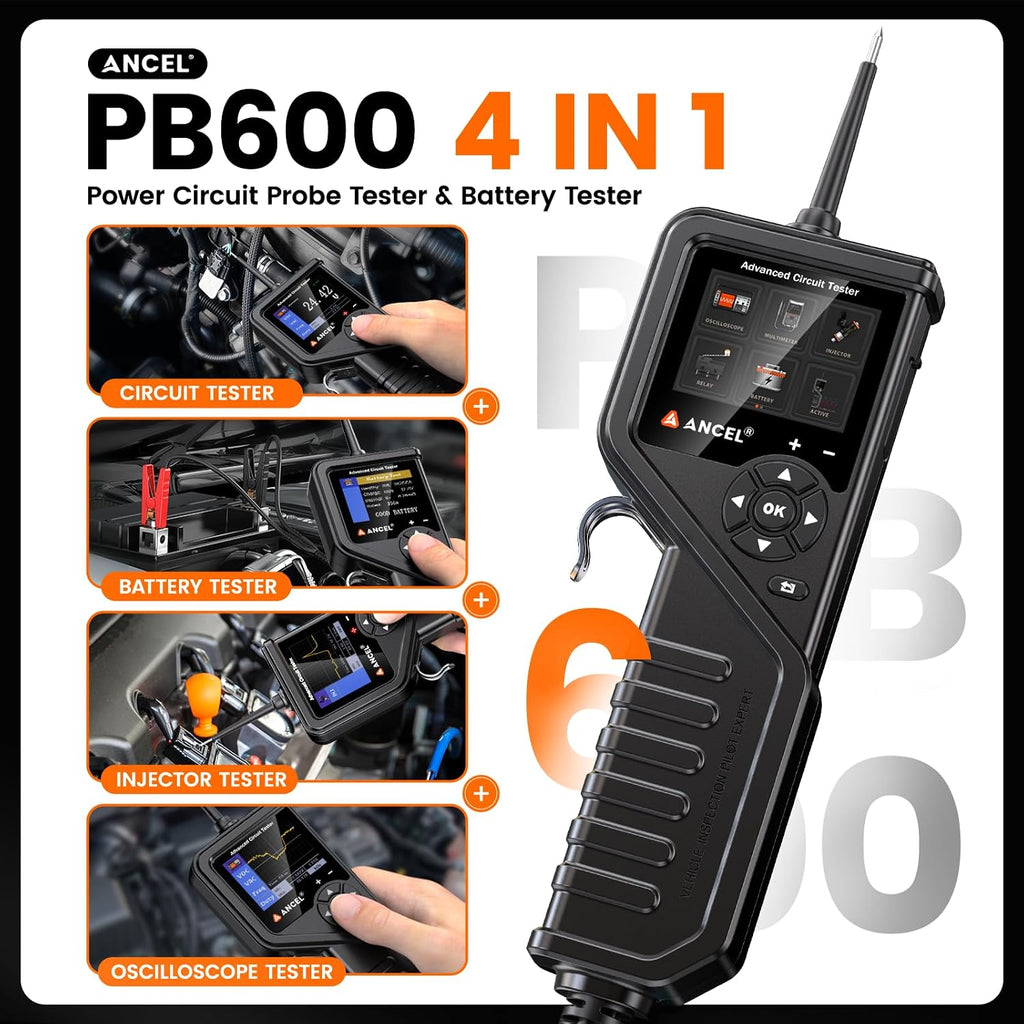 ANCEL PB600 4-in-1 Automotive Power Circuit Probe with True Waveform Oscilloscope, Battery Test, Injector & Relay Tester, Smart Multimeter, 30ft Heavy-Duty Cable for Mechanic, Technician & DIY