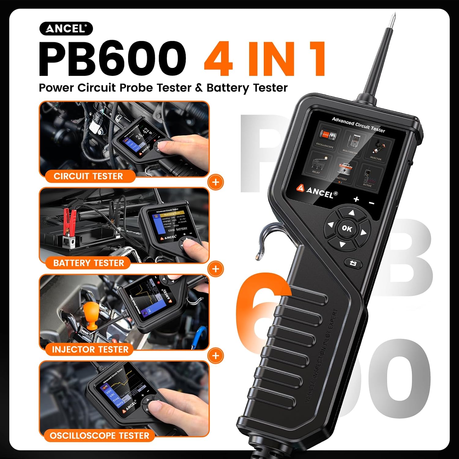 ANCEL PB600 4-in-1 Automotive Power Circuit Probe with True Waveform Oscilloscope, Battery Test, Injector & Relay Tester, Smart Multimeter, 30ft Heavy-Duty Cable for Mechanic, Technician & DIY