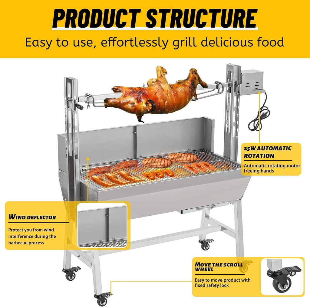 Rotisserie Grill with Back Cover Guard, 25W Motor 55 Inch Stainless Steel Small Pig Lamb Rotisserie Roaster, BBQ Charcoal Rotisserie Grill for Camping Party, Outdoor Kitchen (132 LBS)