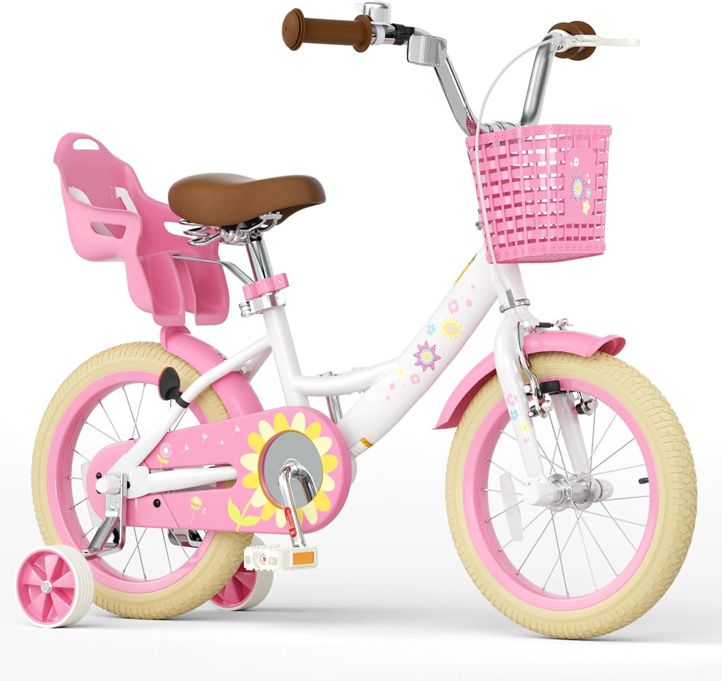 Glaf Toddler Girls Bike for Age 2-9 Years 12 14 16 Inch Girls Bike with Training Wheels and Doll Seat Kids Bike Bicycle with Basket,Adjustable Seat,Bell