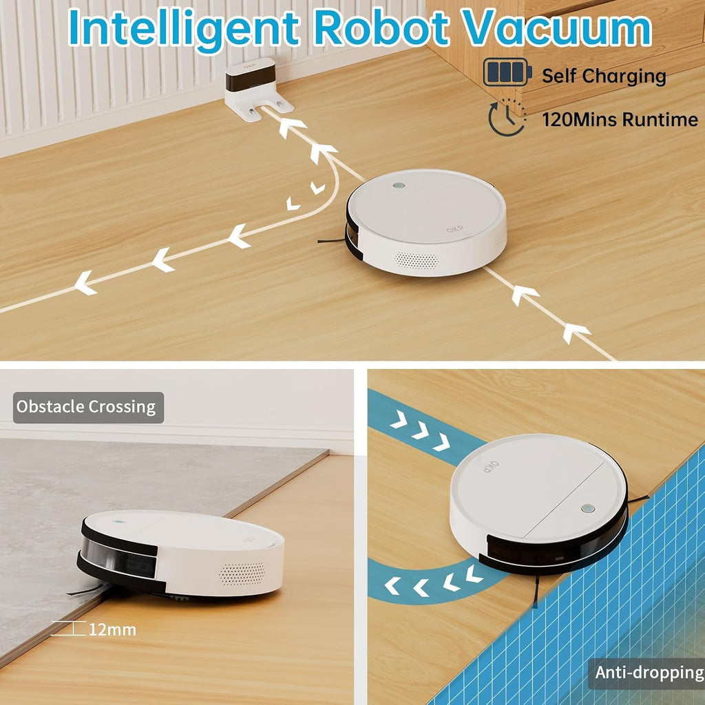 OKP Life Robot Vacuum Cleaner with 2500Pa Strong Suction, 120mins Runtime, Self-Charging, Compatible with Alexa/WiFi/App, 500ML Dustbin, Ideal for Pet Hair, Hard Floors, Low Pile Carpet