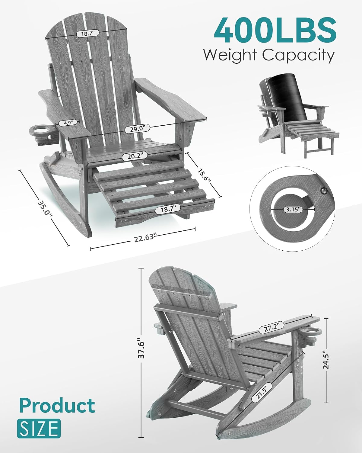 Adjustable Adirondack Rocking Chair with Retractable Ottoman, 4-in-1 Multifunctional Folding Patio Chair with Cup Holder, Outdoor Chair Wood Texture for Lawn, Porch, Backyard, Pool(Grey)
