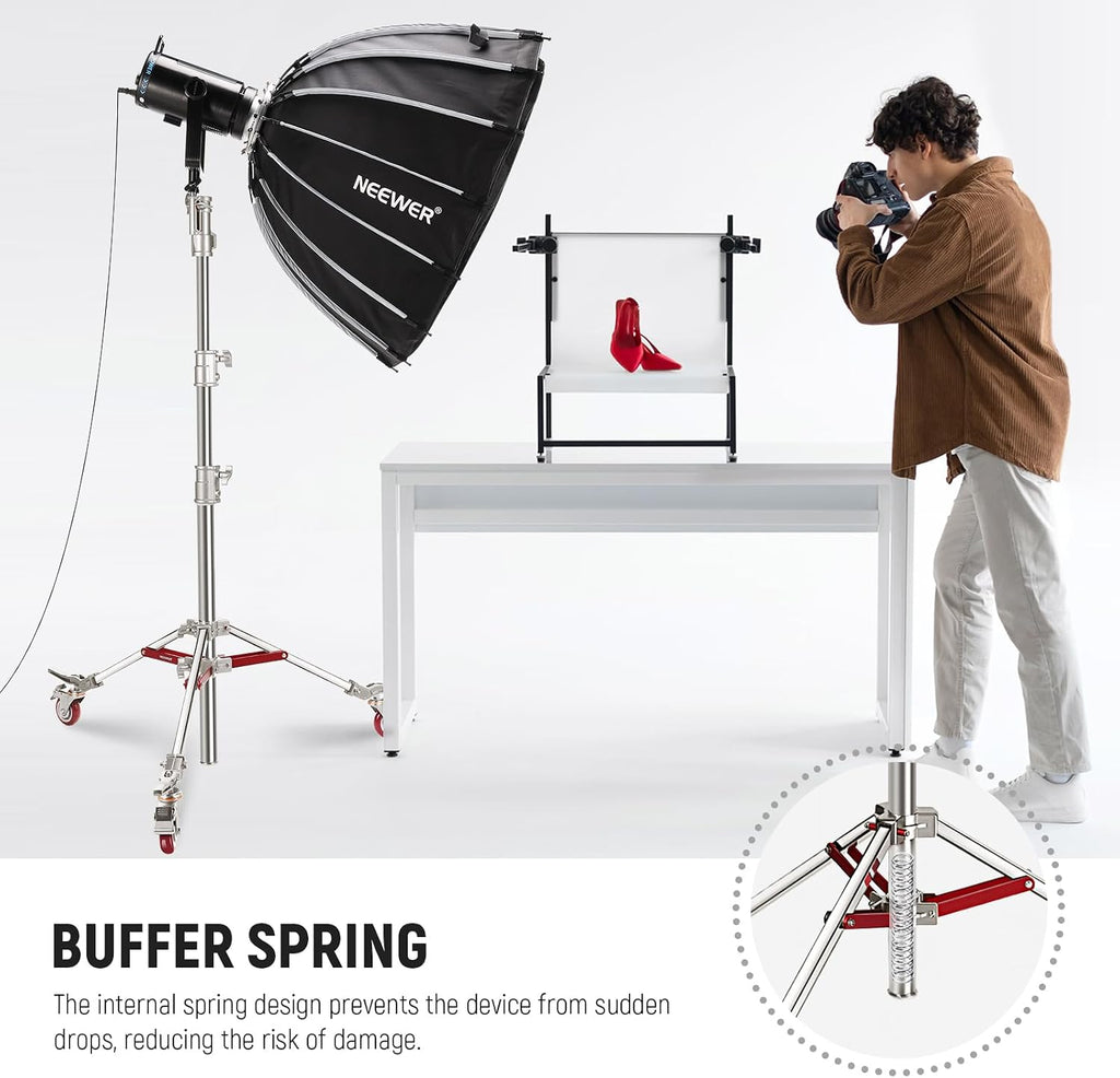 NEEWER Heavy Duty Stainless Steel Light Stand with Casters, 1-1/8' Junior Receiver, Spring Loaded 5/8' Baby Stud, Max Load 77lb, 7.9ft/240cm Junior Wheeled Stand for Studio Softbox Reflector, ST240SS