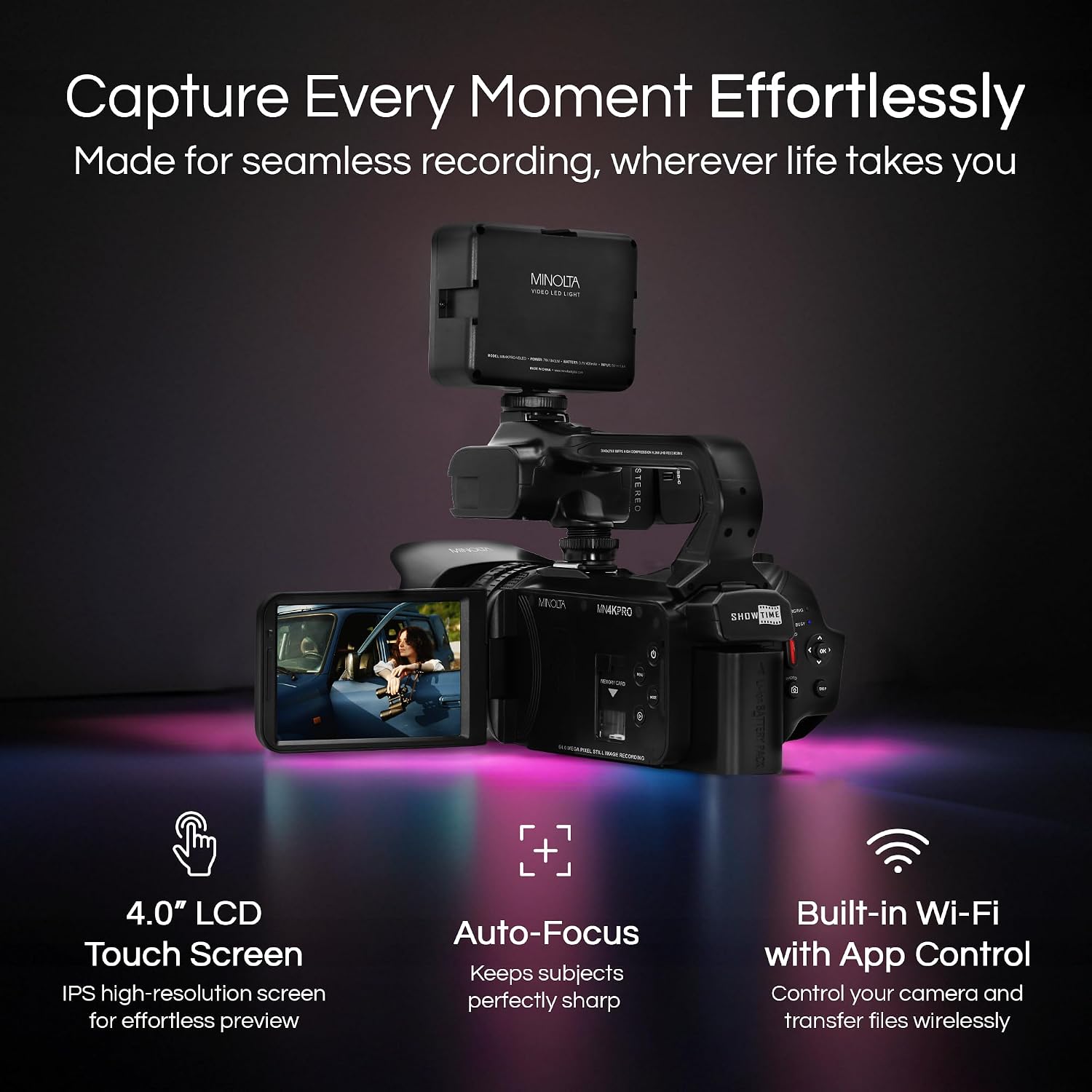 Minolta 64MP Autofocus Video Camera with Microphone & Video Light, 4' Touchscreen, 4K Ultra HD Video, 18x Digital Zoom, WiFi, Stabilizer, 32GB Card, 3100mAh Battery, Carrying Bag (Black)