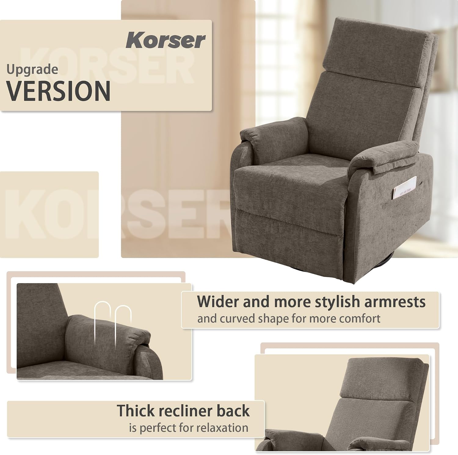 Korser Swivel Rocking Recliner with Massage, Small Glider Chair for Nursery, Modern-Designed Armrests Chair for Adults Living Room, Chenille, Brown